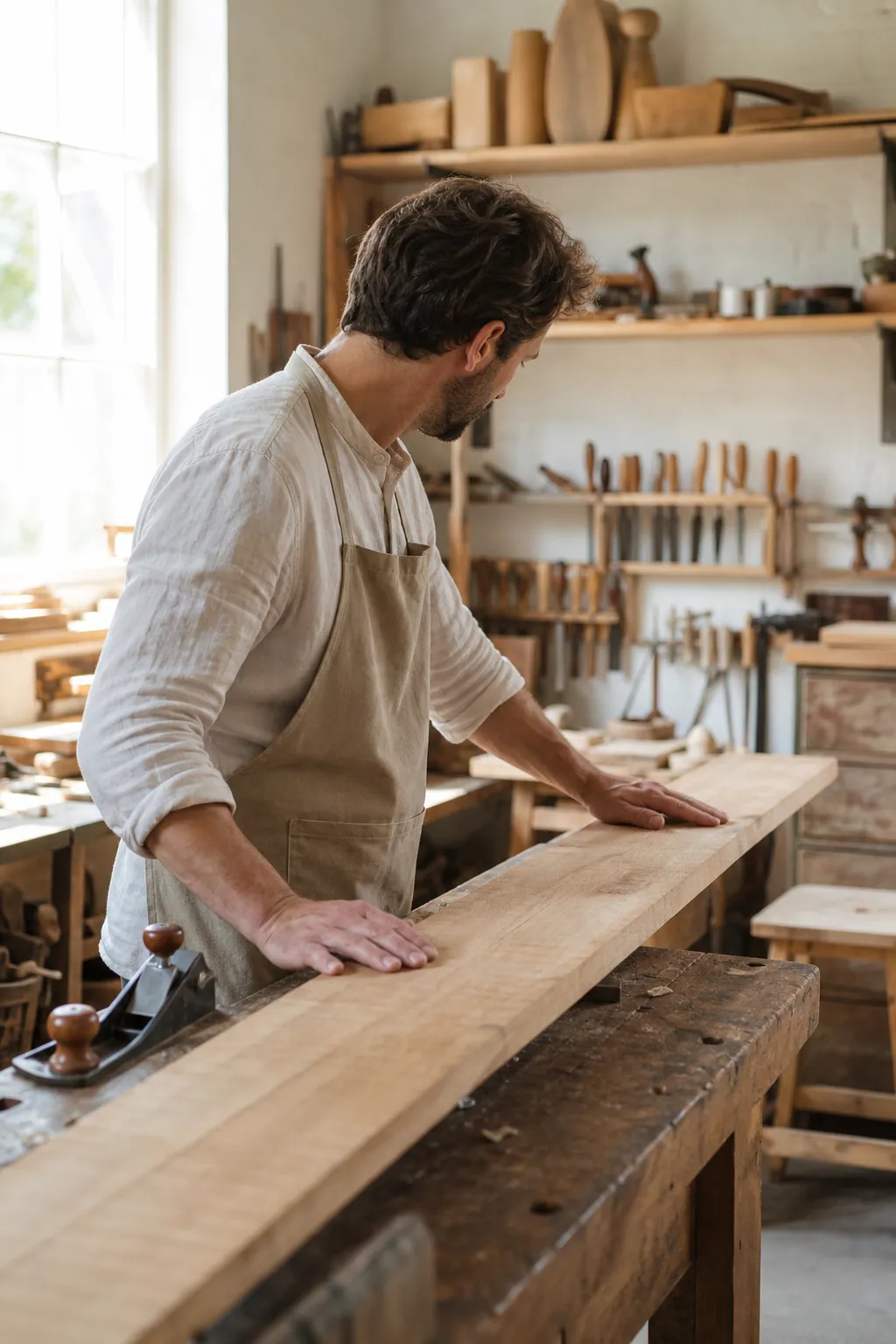 Artisan observant une pièce de bois dans un atelier lumineux