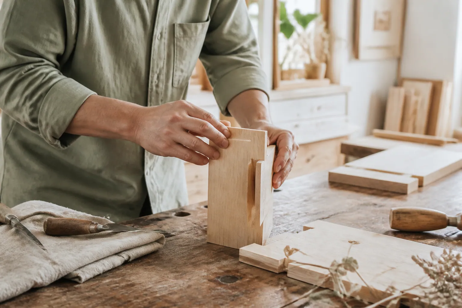 Ébéniste ajustant à la main un assemblage en bois clair sur un établi