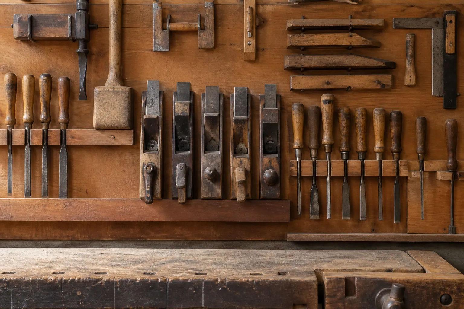 Outils manuels de menuiserie rangés au-dessus d'un établi