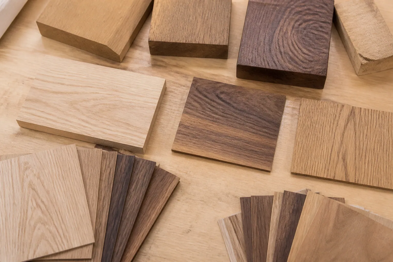 Échantillons de bois massif et placages disposés sur une table
