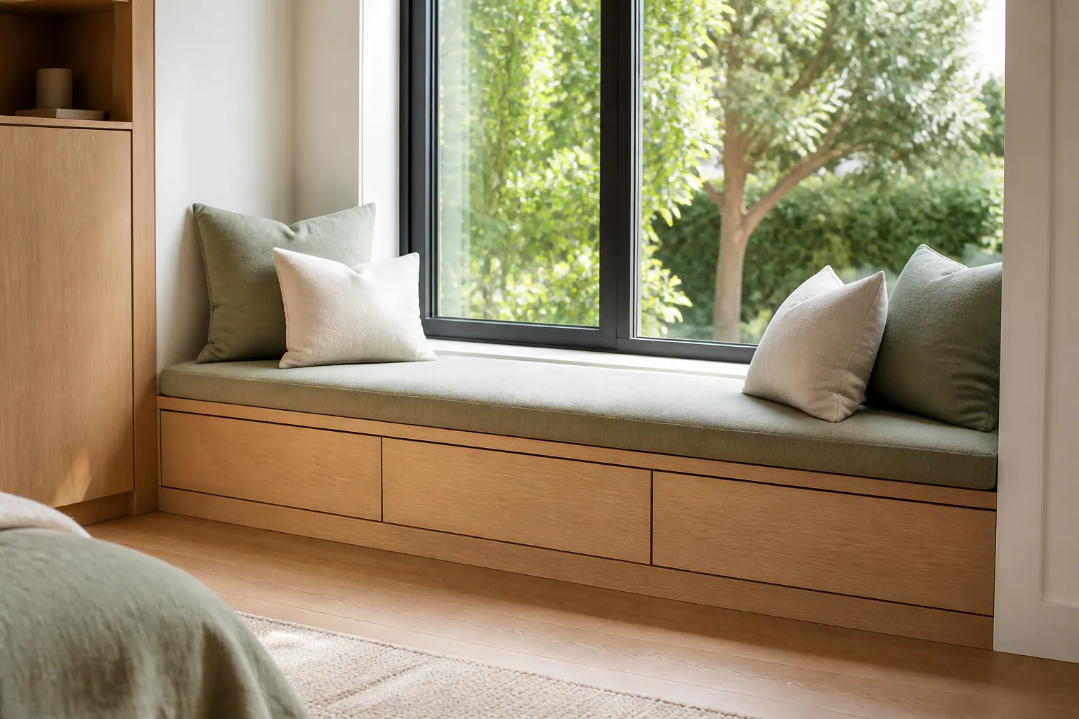 Banquette de rangement en bois intégrée sous une fenêtre