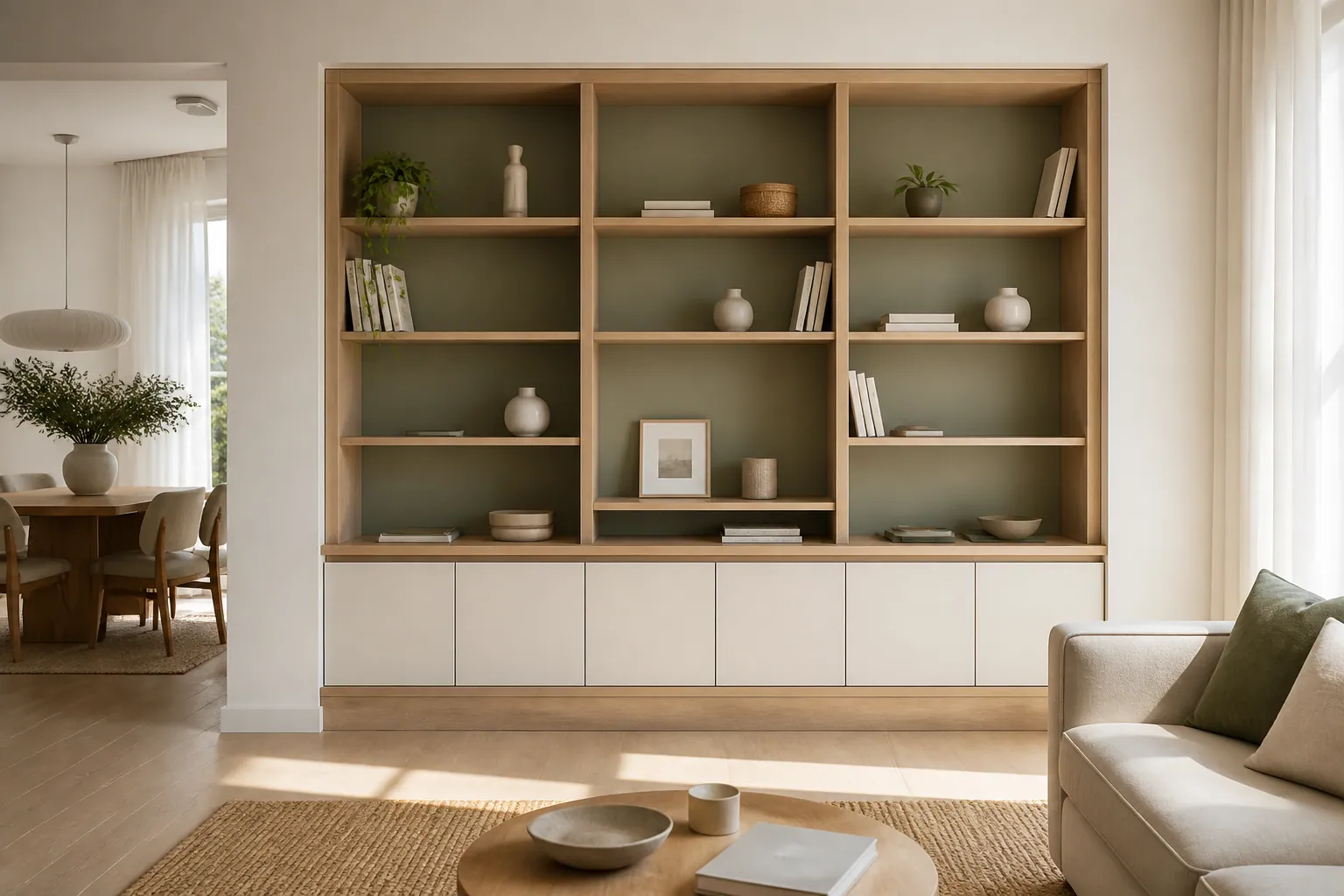 Bibliothèque en bois clair intégrée dans un séjour lumineux