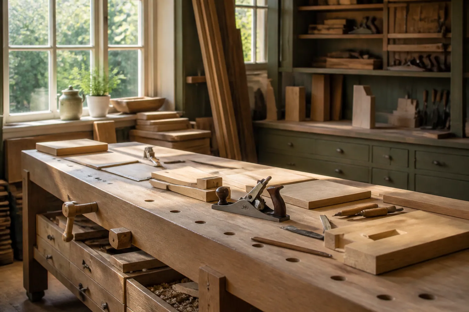 Long établi couvert de pièces de bois et d'outils de traçage